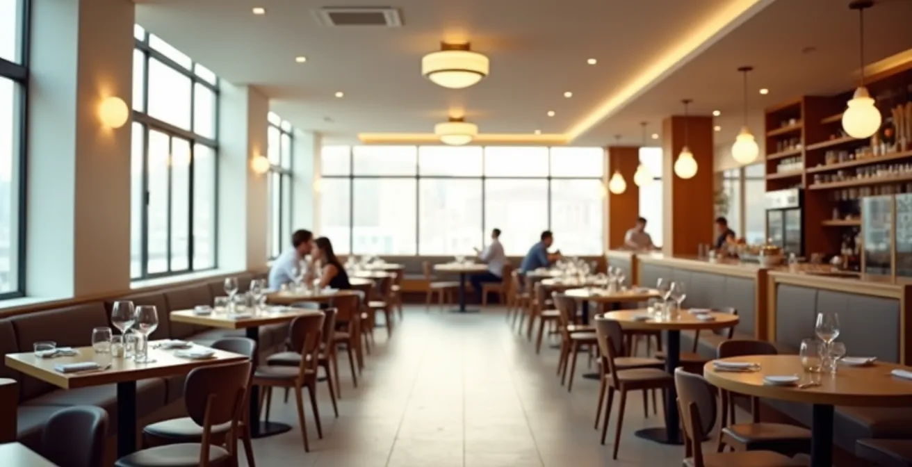 Vue large d'un restaurant animé avec focus sur un client régulier accueilli chaleureusement