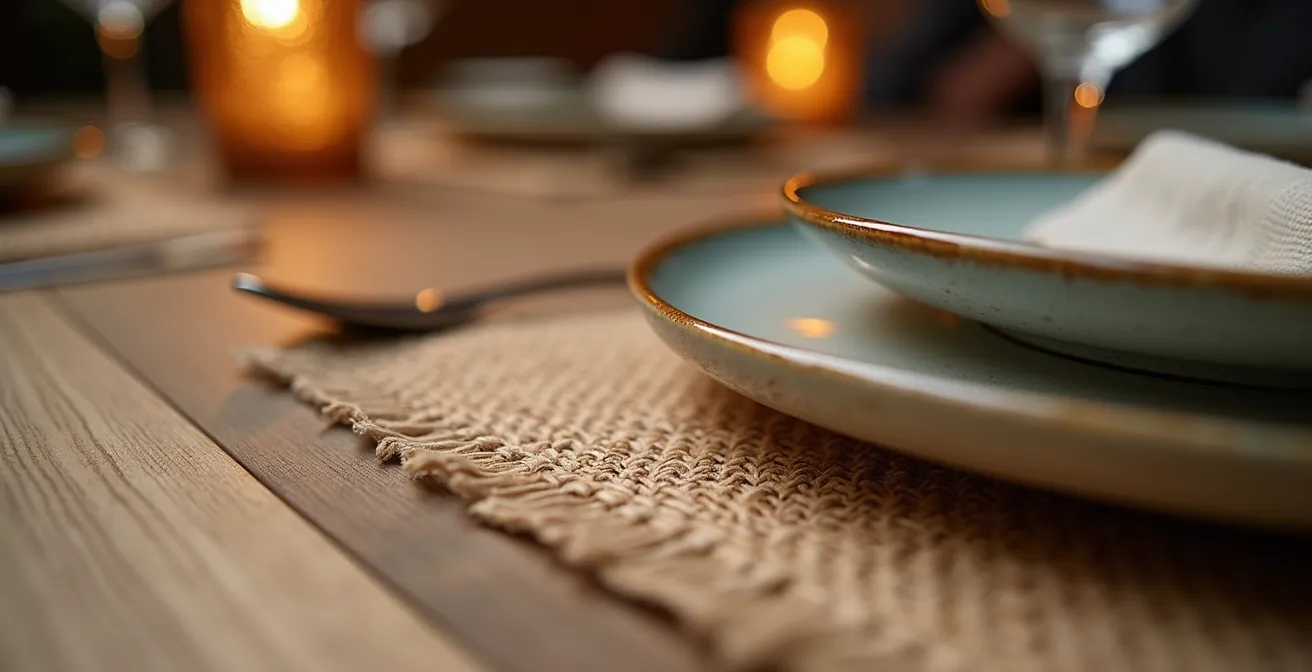 Table de restaurant moderne avec plateau en chêne massif brut, sets de table en lin français et vaisselle artisanale