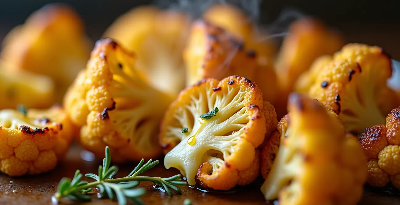 Chou-fleur entier rôti à la broche avec croûte dorée et caramélisée dans un four professionnel