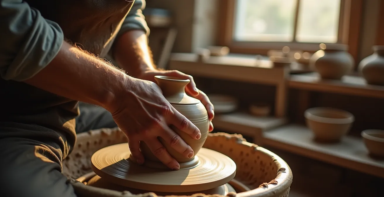 Portrait d'un artisan potier travaillant sur une jarre de fermentation traditionnelle avec ses mains couvertes d'argile