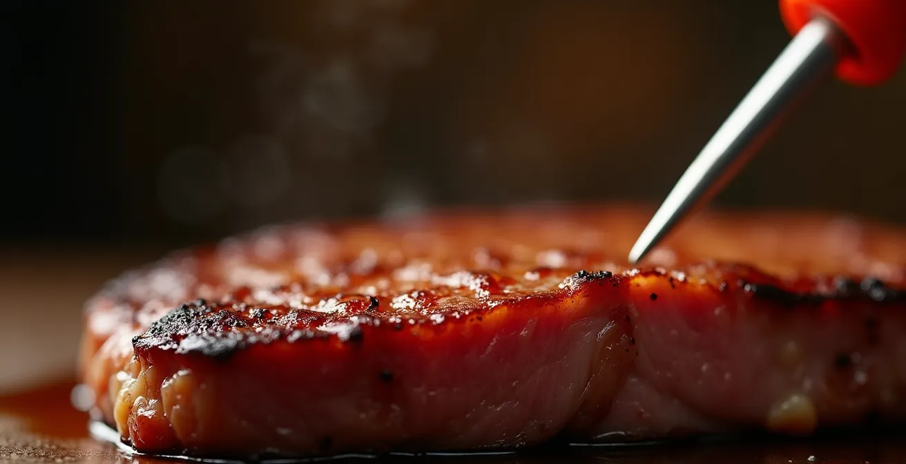 Gros plan macro sur un thermomètre de cuisson inséré dans une pièce de viande dorée