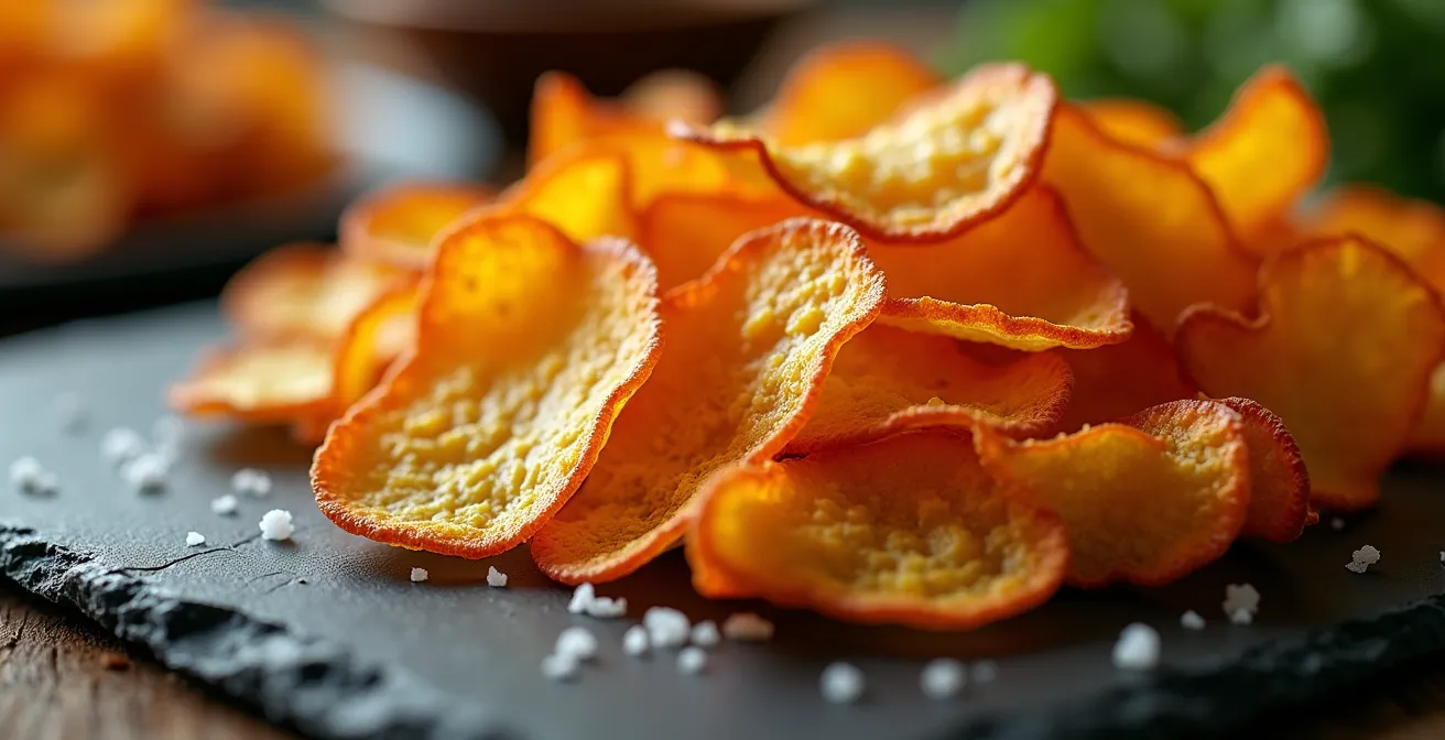Gros plan macro sur des épluchures de légumes transformées en chips colorées sur une assiette élégante