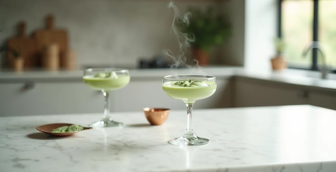 Composition minimaliste d'un sorbet artisanal avec brume aromatique dans un environnement épuré