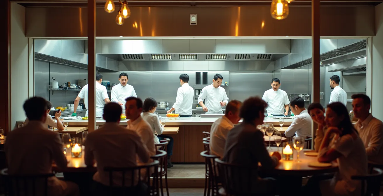 Vue large d'une cuisine ouverte de restaurant avec clients observant les chefs au travail dans un environnement lumineux