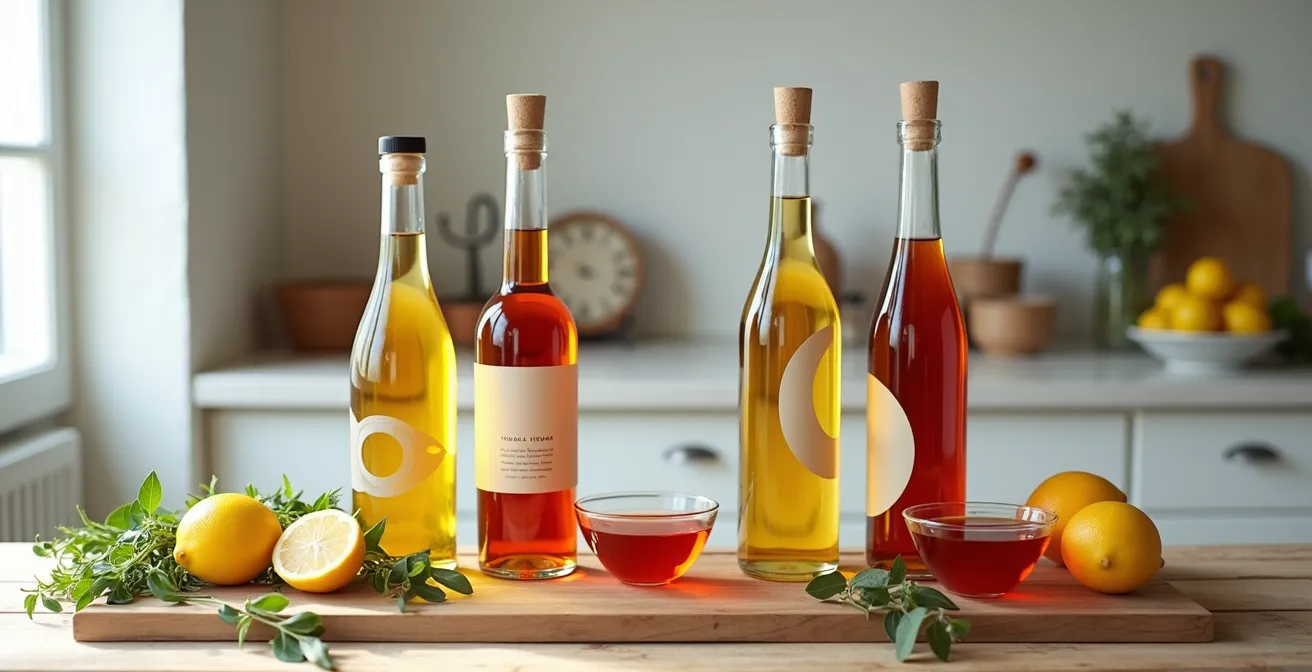 Collection de vinaigres français AOP et IGP disposés sur une table en bois rustique