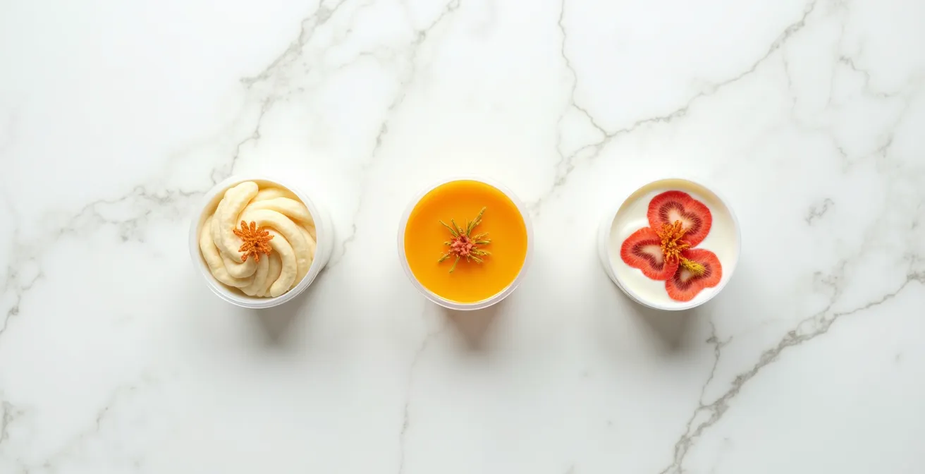 Vue aérienne d'emballages alimentaires avec certifications visibles en composition épurée