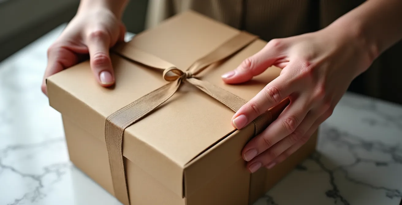 Mains ouvrant délicatement un emballage alimentaire premium