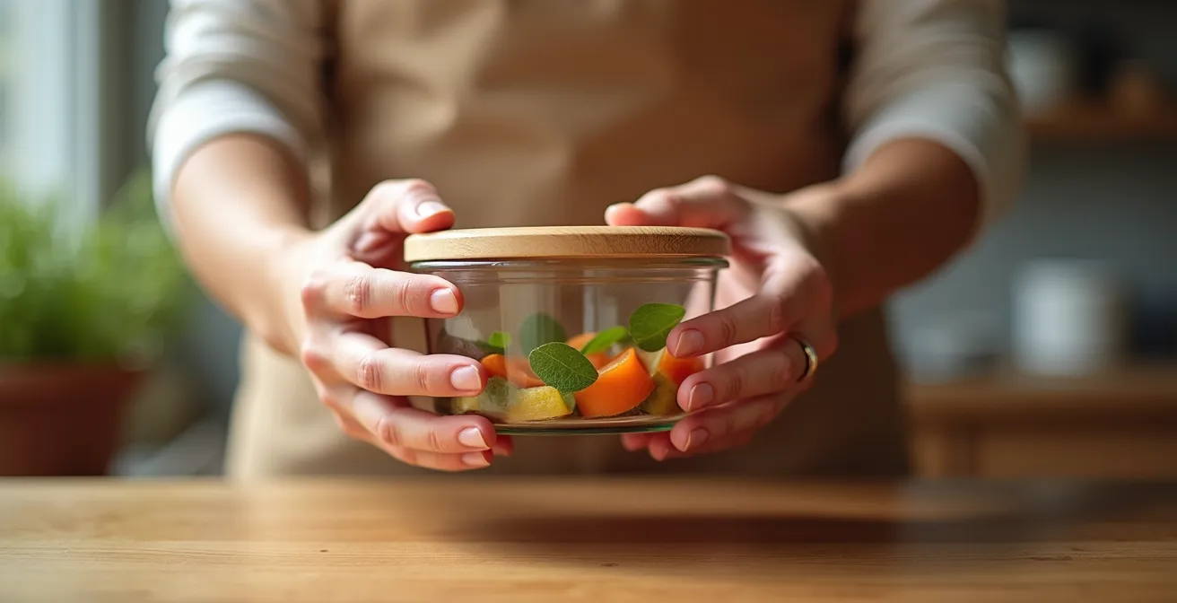 Mains tenant délicatement un contenant alimentaire réutilisable