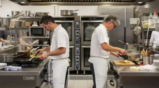 Brigade de cuisine professionnelle en mouvement coordonné pendant service