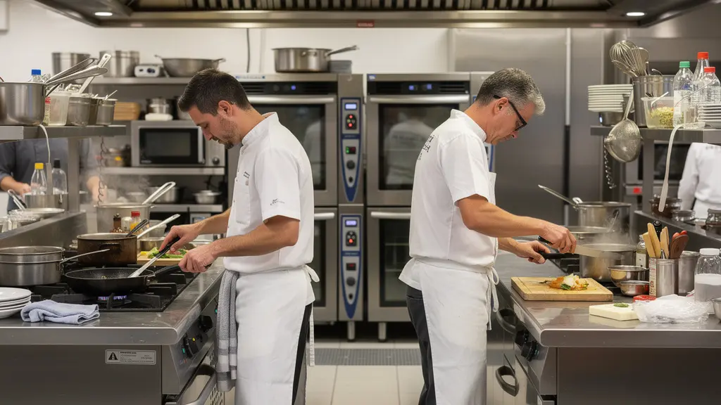 Brigade de cuisine professionnelle en mouvement coordonné pendant service