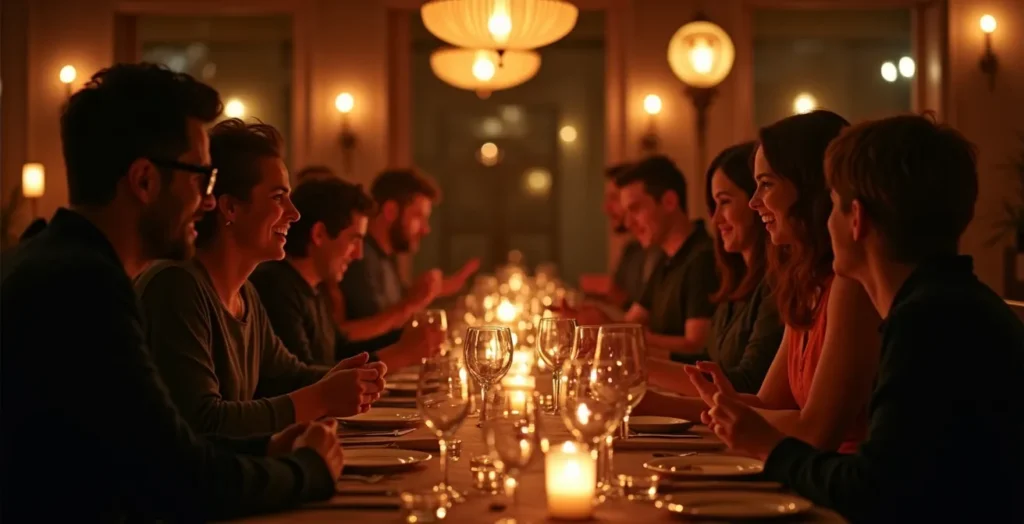 Image chaleureuse d’un groupe de clients fidèles lors d’un événement exclusif au restaurant, en pleine dégustation et échanges heureux
