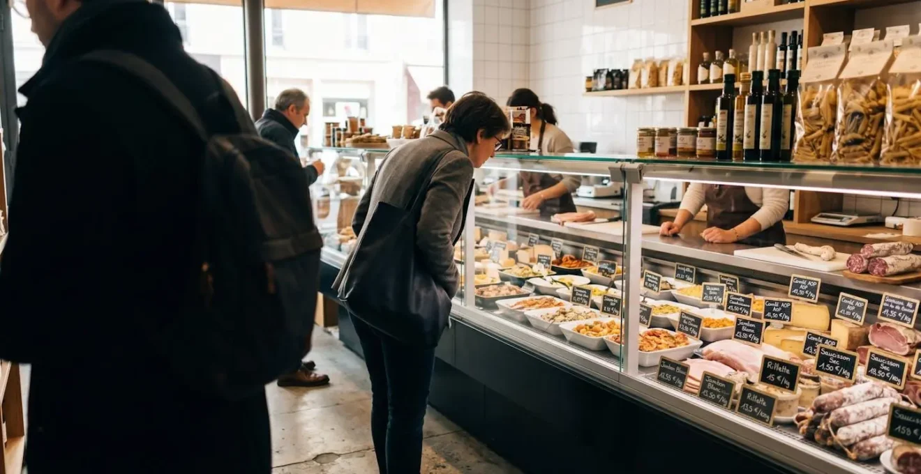 Client de dos devant vitrine traiteur consultant étiquettes prix, intérieur épicerie fine contemporaine
