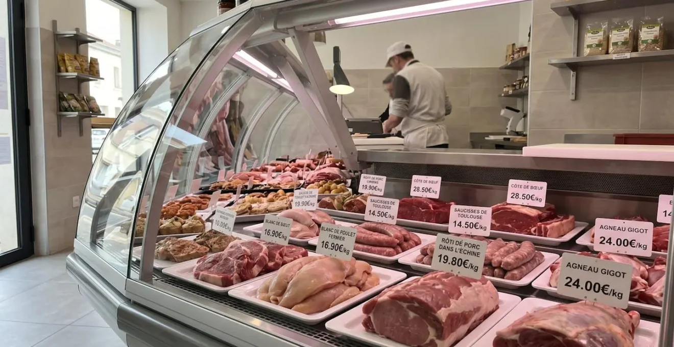 Vitrine réfrigérée d'une boucherie de quartier avec produits frais étiquetés, lumière naturelle traversant la devanture