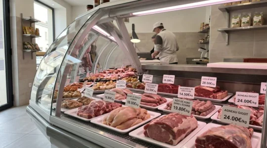Vitrine réfrigérée d'une boucherie de quartier avec produits frais étiquetés, lumière naturelle traversant la devanture